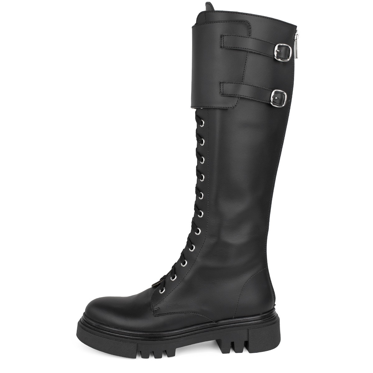 BLACK COMBAT BOOTS WITH BUCKLES AND FLAT HEEL