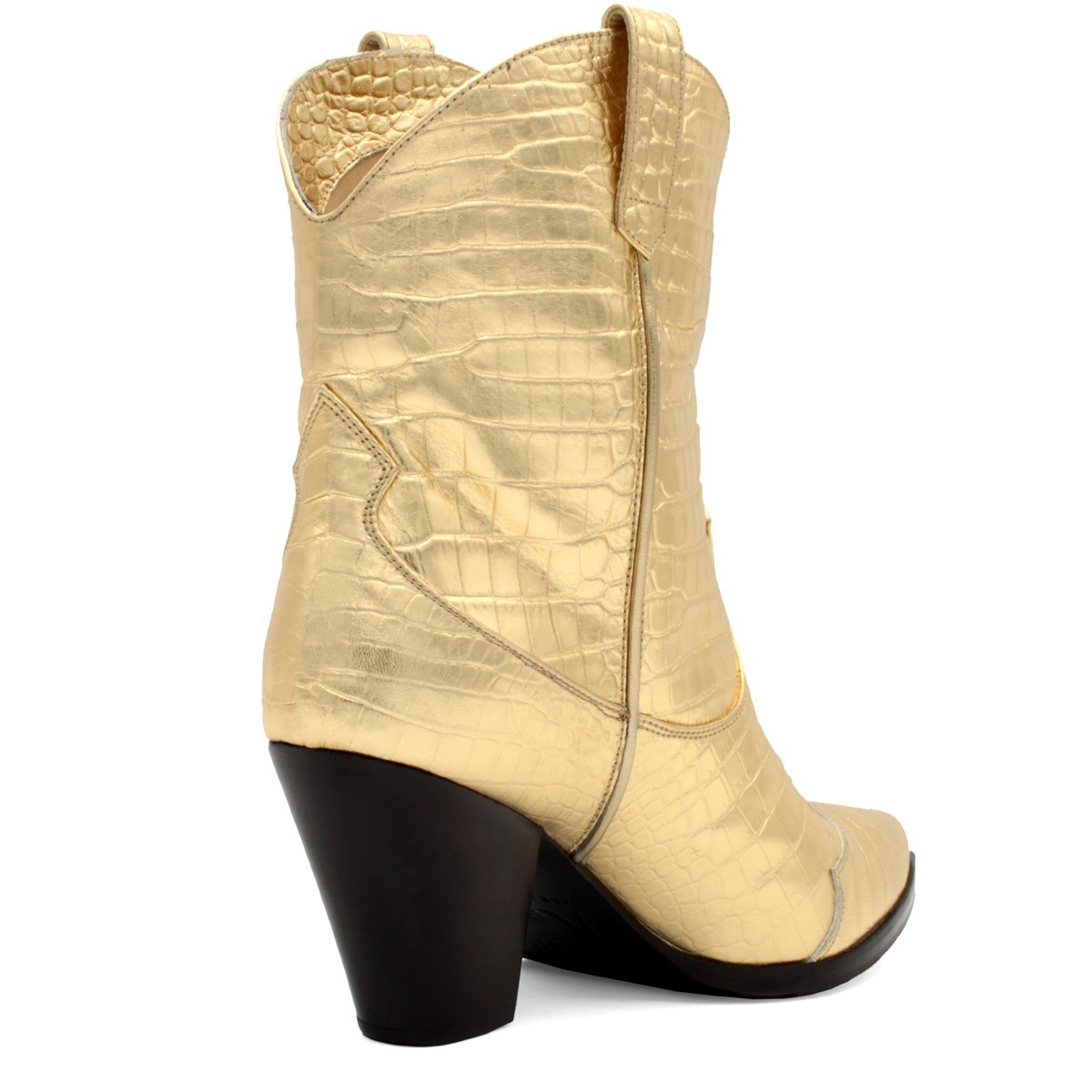 GOLDEN CROCO COWBOY-STYLE ANKLE BOOTS